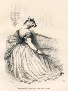 Wölfin, sitzend in einem Sessel. Vignetten illustriert von JJ Granville. Gravur signiert Breviere im Teil "Reise eines Spatzen aus Paris" geschrieben von George Sand in "Szenen aus dem privaten und öffentlichen Leben der Tiere". Paris, J. Hetzel und Paulin