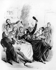 Mittagessen von Jungen und Mädchen: Männer und Frauen trinken Alkohol und rauchen, Zeichnung von Jean Ignace Isidore alias JJ Grandville