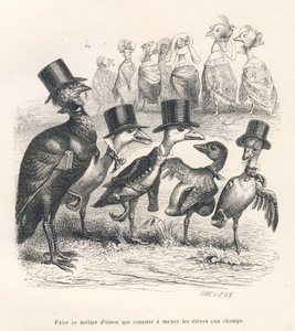 Beruf eines Gänsehirten, der die Schüler auf die Felder bringt. Die Gänse entfernen sich von ihrem Kind. Vignetten illustriert von JJ Granville. Gravur signiert von Breviere im Teil "Esel-Führer für Tiere, die zu Ehren kommen wollen" geschrieben von... von Grandville