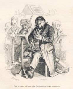 Orchester mit einem Hund, der Flöte spielt, mit Küken, die aus dem Musikinstrument kommen. Vignetten illustriert von JJ Granville. Gravur signiert von Caque im Teil "Das erste Feuilleton von Pistolet" geschrieben von Jules Janin in "Szenen aus dem..." von Grandville