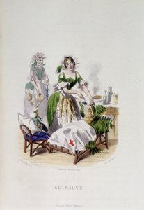 Personifikation der Heilpflanze Eibisch, die einen Frosch behandelt - in „Animierte Blumen“ von Grandville