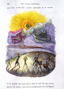 Personifizierte astronomische Instrumente beobachten eine Sonnenfinsternis (Mond und Sonne küssen sich) - in „Andere Welt“ von Grandville von Grandville