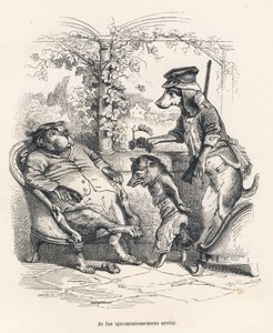 Fuchs von einem Hund verhaftet. Vignetten illustriert von JJ Granville. Gravur signiert von Godard im Teil "Ein Fuchs in der Falle" geschrieben von Charles Nodier in "Szenen aus dem privaten und öffentlichen Leben der Tiere". Paris, J. Hetzel und Paulin von Grandville