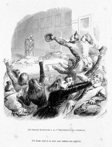 Die Römer haben die erste Aufführung von Hernani von Victor Hugo (1830). Karikatur In „Jérôme Paturot auf der Suche nach einer sozialen Position“ geschrieben von Louis Reybaud von Grandville
