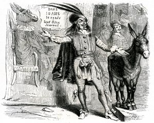 Der Scharlatan: La Fontaine Fabel illustriert von Grandville. Edition Garnier 1860. Dieser Skipper macht es schwer, jeden Esel zum Wissenschaftler zu machen.