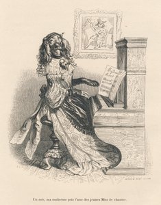 Ein Hund singt am Klavier. Illustrierte Vignetten von JJ Granville. Gravur signiert Andrew, Best und Leloir im Teil "Gerichtsschmerzen einer englischen Katze" geschrieben von Honoré de Balzac in "Szenen aus dem privaten und öffentlichen Leben der Tiere". P von Grandville