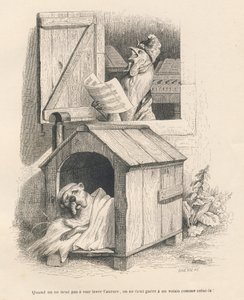 Ein fauler Hund in seiner Nische, geweckt von einem Hahn, der bei Tagesanbruch singt. Vignetten illustriert von JJ Granville. Gravur signiert Breviere in der Partie "Histoire d