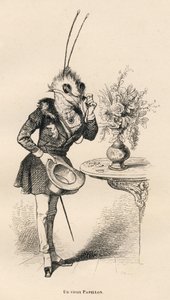 Ein alter Schmetterling, der mit seiner Brille auf die Uhr schaut. Vignetten illustriert von JJ Granville. Gravur signiert von Breviere im Teil "Die Abenteuer eines Schmetterlings" geschrieben von PJ Stahl in "Szenen aus dem privaten und öffentlichen Leben