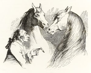 Gulliver spricht mit sprechenden Pferden im Land der Houyhnhnms, aus Gullivers Reisen von Jonathan Swift von Grandville