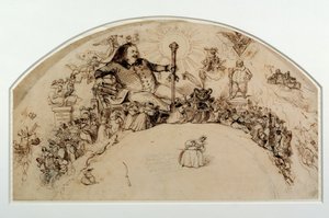 Honore de Balzac (1799-1850) unter Charakteren aus seinen Romanen, Entwurf für einen Fächer von Grandville
