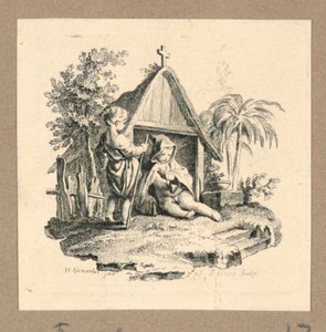 Zwei Figuren vor einer Struktur mit Kreuz von Gravelot