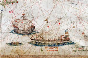 Detail von hohen Mastschiffen aus der Nautischen Karte von Grazioso Benincasa, in der Universitätsbibliothek von Bologna