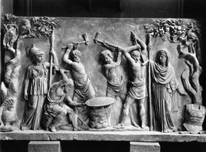 Hephaistos und Zyklopen schmieden den Schild des Achilleus (Marmor) (s/w Foto)