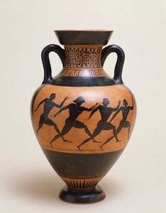 Eine attische schwarzfigurige Amphore panathenaischer Form mit vier nackten Athleten, die nach rechts sprinten, 5. Jahrhundert v. Chr. von Greek