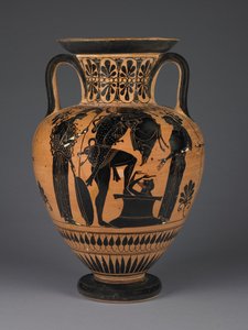 Attische schwarzfigurige Amphora mit Herakles, der den erymanthischen Eber trägt, ca. 510 v. Chr. (Terrakotta)