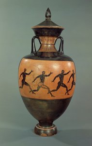 Attische schwarzfigurige Panathenäische Amphora, dekoriert mit laufenden Männern, 375-370 v. Chr.
