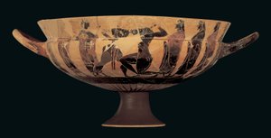 Attische schwarzfigurige Siana-Schale, die Theseus und den Minotaurus darstellt, 560-550 v. Chr. von Greek
