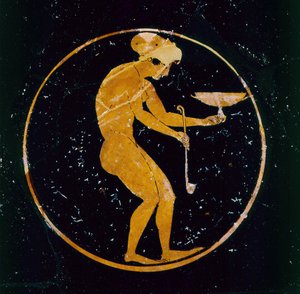 Attische rotfigurige Schale, dekoriert mit einem nackten Sklavenmädchen, das einen Weinkelch und eine Kelle hält, von Oltos, ca. 510 v. Chr.