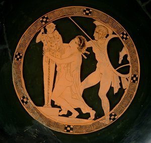 Attische rotfigurige Schale, die Kassandra zeigt, die von Ajax verfolgt wird und Zuflucht bei einem Xoanon von Athena sucht, ca. 430 v. Chr.
