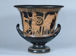 Attisch rotfiguriger Kalyx-Krater, der einen Hopliten zeigt, der in den Krieg zieht