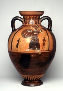 Schwarzfigurige Vase, die Athena zeigt, wie sie einen Schild und einen Speer schwingt, 550 v. Chr. (Keramik)