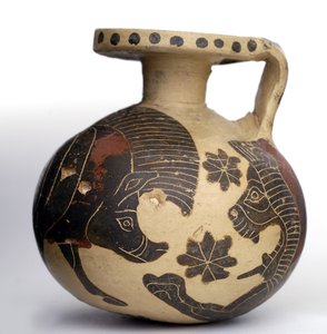 Korinthische schwarzfigurige kugelförmige Aryballos, die Tiere darstellt, Mittlere Korinthische Periode (600-575 v. Chr.) von Greek