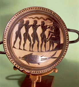 Becher mit Darstellung von Odysseus, der Polyphem blendet, schwarzfigurige Keramik, Griechenland, 6. Jahrhundert v. Chr.