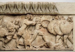 Gigantomachie: Kybelés Löwe verschlingt einen Riesen, während Apollo und Artemis gegen die Riesen kämpfen, 525 v. Chr.