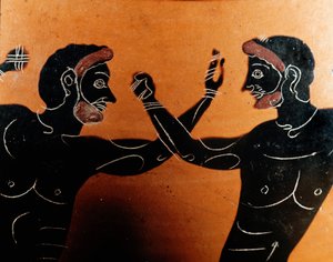Griechische Kunst: Panathenäische Terrakotta-Amphore: Detail einer Pugilat-Schlacht. Grab des Vulci-Kriegers. 6. Jahrhundert v. Chr. Rom, Museo Nazionale di Villa Giulia