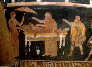 Griechische Kunst: Vase von Arhemore: das Begräbnis von Arhemore (Opheltes), Gemälde des Malers von Darius, aus Ruvo, 4. Jahrhundert v. Chr. von Greek
