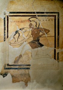 Griechische Kunst: Pynax (Votivtafel) aus Terrakotta, die einen Hopliten im vollen Lauf darstellt 520-510 v. Chr. Athen, Akropolis Museum (inv. 67) von Greek