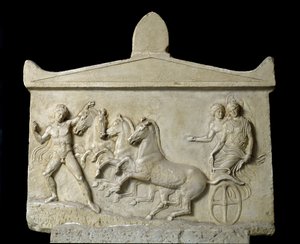 Griechische Kunst: Relief gewidmet Hermes und den Nymphen: das Quadriga von Echelos entführt Basil. 420-410 v. Chr. Athen, Nationalmuseum für Archäologie von Greek