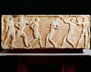 Griechische Zivilisation, Stele, die Athleten im Gymnasium darstellt, aus der Nekropole Kerameikos in Athen, Griechenland, 510 v. Chr.