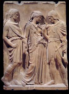 Griechische Antike: der Abschied von Orpheus von Eurydike, die Hermes zurück in die Unterwelt bringt. Die Inschrift mit den Namen Zethus, Antiope und Amphion stammt aus der Renaissance. Niedriges Marmorrelief. 480-323 v. Chr.