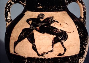 Herakles kämpft mit dem nemeischen Löwen, Detail von einer attischen schwarzfigurigen Amphore von Greek