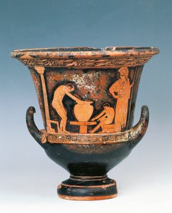 Krater zeigt Szene eines Töpfers bei der Arbeit unter dem Blick von Athena, rotfigurige Keramik aus Sizilien, Italien, Magna Graecia, 5. Jahrhundert v. Chr.
