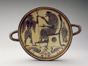 Lakonsiche Kylix-Schale mit Darstellung von Zeus und Hermes, ca. 550-530 v. Chr.