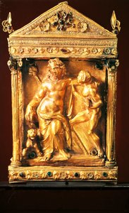 Naiskos mit betrunkenem Dionysos und Satyr, kleiner hellenistischer Tempel mit Granaten und Smaragden aus Thessalien, 2. Jahrhundert v. Chr. von Greek