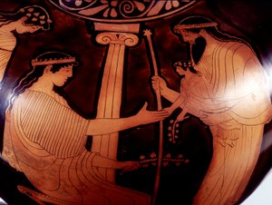 Malerei auf Vase: Jupiter (Zeus) präsentiert den jungen Dionysos (Bacchus) zwei Frauen. 480 v. Chr. BNF, Münzkabinett. von Greek