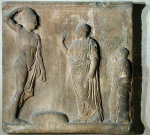 Relieftafel, die eine Zeremonie der Anrufung des Theseus darstellt