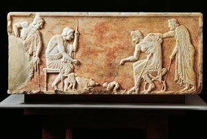 Stele, die einen Kampf zwischen Hund und Katze darstellt, 510 v. Chr. (Relief)