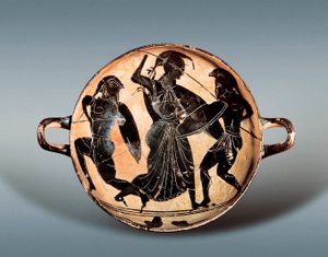 Trojanischer Krieg: Göttin Athena kämpft zwischen Hector und Achilles. 6. Jahrhundert v. Chr. Kylix (Trinkschale) mit schwarzen Figuren in Keramik, Archäologisches Museum von Katalonien, Barcelona. von Greek