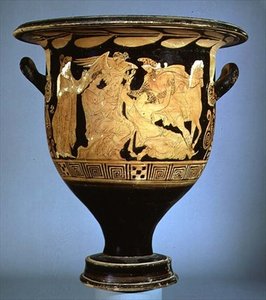 Attisch rotfiguriger Glockenkrater, der Boreas mit Oreithya darstellt von Greek