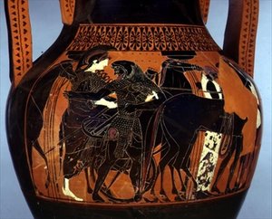 Schwarzfigurige Amphore mit einer Szene von Herakles, der Athena hilft (Detail), 6.-5. Jahrhundert v. Chr. von Greek