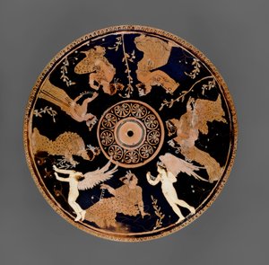 Attische rotfigurige Pyxis, Detail des Deckels, dekoriert mit Frauen, die Liebesgaben und Halsketten halten, nahe dem Medidias-Maler von Greek School