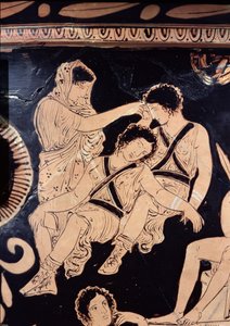 Attisch rotfiguriger Krater, der Orestes als Bittsteller am Schrein des Apollo in Delphi darstellt, zugeschrieben dem apulischen Eumenides-Maler, um 380 v. Chr. (Detail)