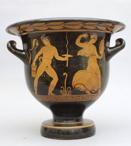 Glockenförmiger proto-apulischer Krater mit Satyr und Mänade aus Matera, Italien von Greek School