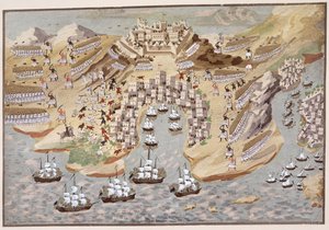 Vogelperspektive auf Westgriechenland, zentriert auf Vonitsa, aus der Bildgeschichte des griechischen Unabhängigkeitskrieges von Greek School