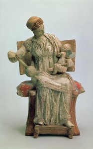Figurine der Aphrodite, die mit Eros spielt, aus Tanagra, spätes 4. Jahrhundert v. Chr. (Terrakotta) von Greek School