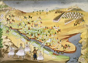 Erste Schlacht zwischen Griechen und Türken an der Alamana-Brücke im Jahr 1821, aus der Bildgeschichte des griechischen Unabhängigkeitskrieges von Greek School